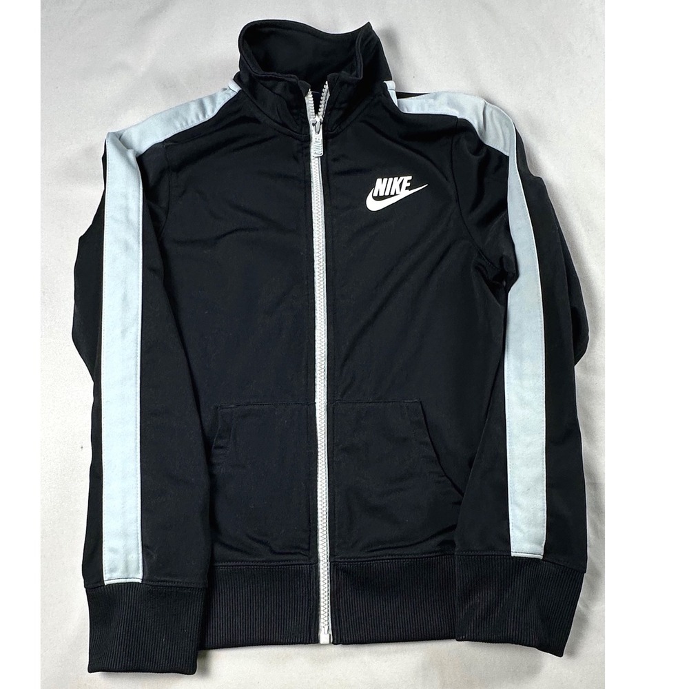 Nike Boys Black White Full Zip Track Jacket Sport Stripe Mock Neck Size Medium